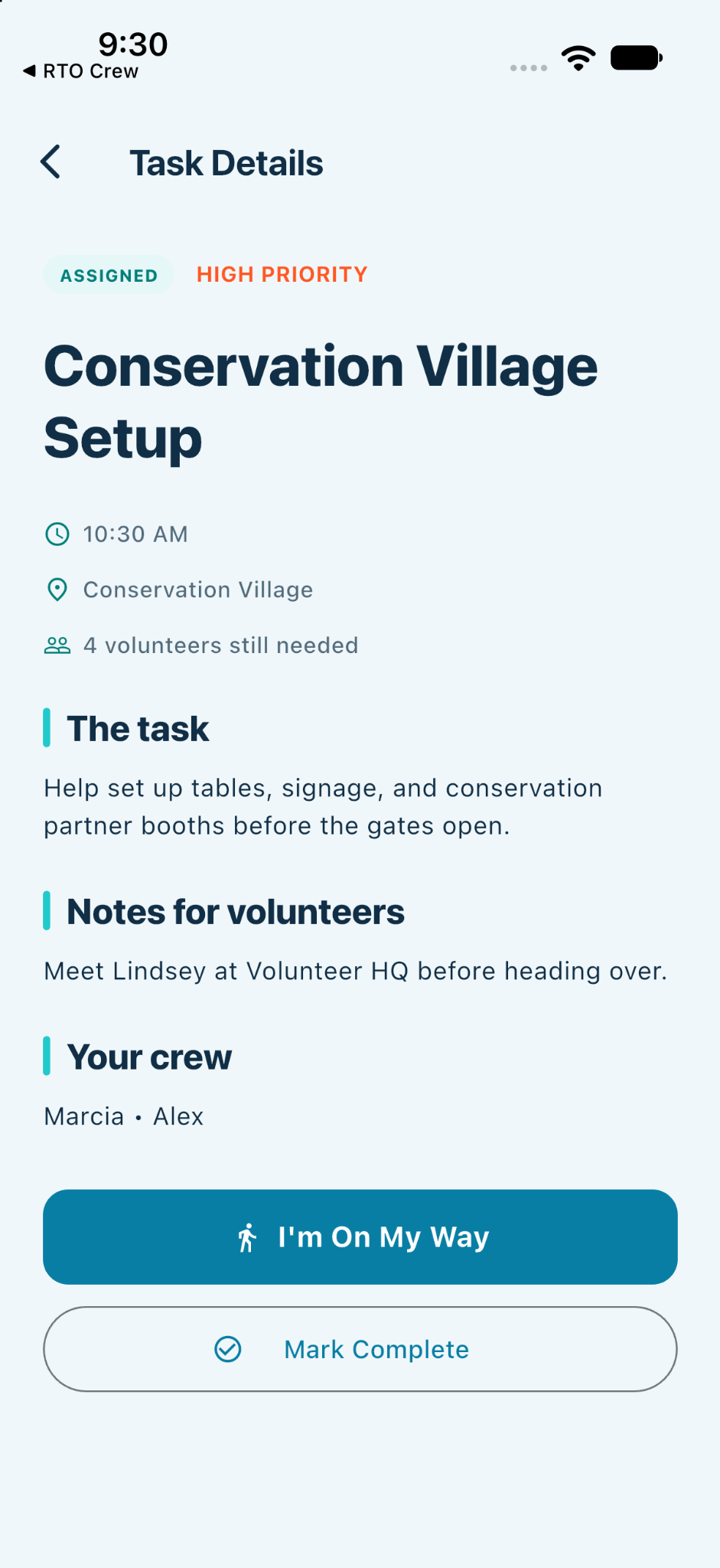 Assigned Task Details with I'm On My Way and Mark Complete buttons